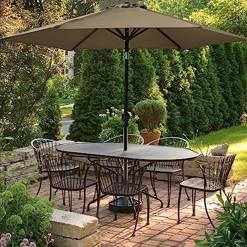 Elevon 9' Outdoor Patio Umbrella, Market Striped Umbrella with Push Button Tilt and Crank, Beige - CookCave