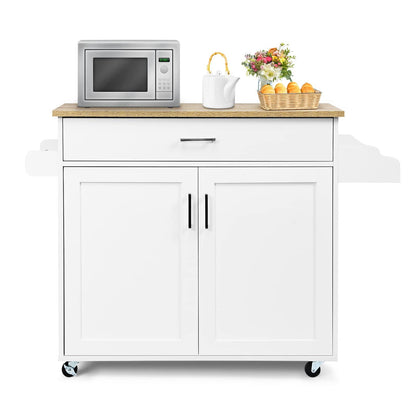 HAPPYGRILL Kitchen Island Rolling Cart on Wheels, Kitchen Storage Cart Trolley with Adjustable Shelf, Drawer, Spice Rack, Towel Holder & 2-Door Cabinet, Utility Buffet Cabinet for Dining Room, White - CookCave