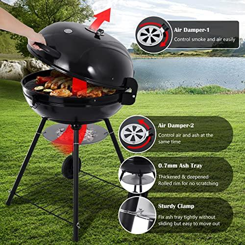 HaSteeL 22 Inch Charcoal Grill, 2 Layer Grilling Racks Heavy Duty Kettle Outdoor BBQ Grill, Large 355 Square Inches for Camping Backyard Picnic Patio Barbecue Cooking, Round Black Enamel Lid & Bowl - CookCave