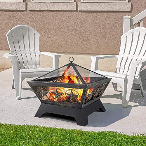 AMAGABELI GARDEN & HOME Fire Pit Outdoor Wood Burning 24in with Fireplace Poker Spark Screen Retardant Mesh Lid Rustproof Bronze - CookCave