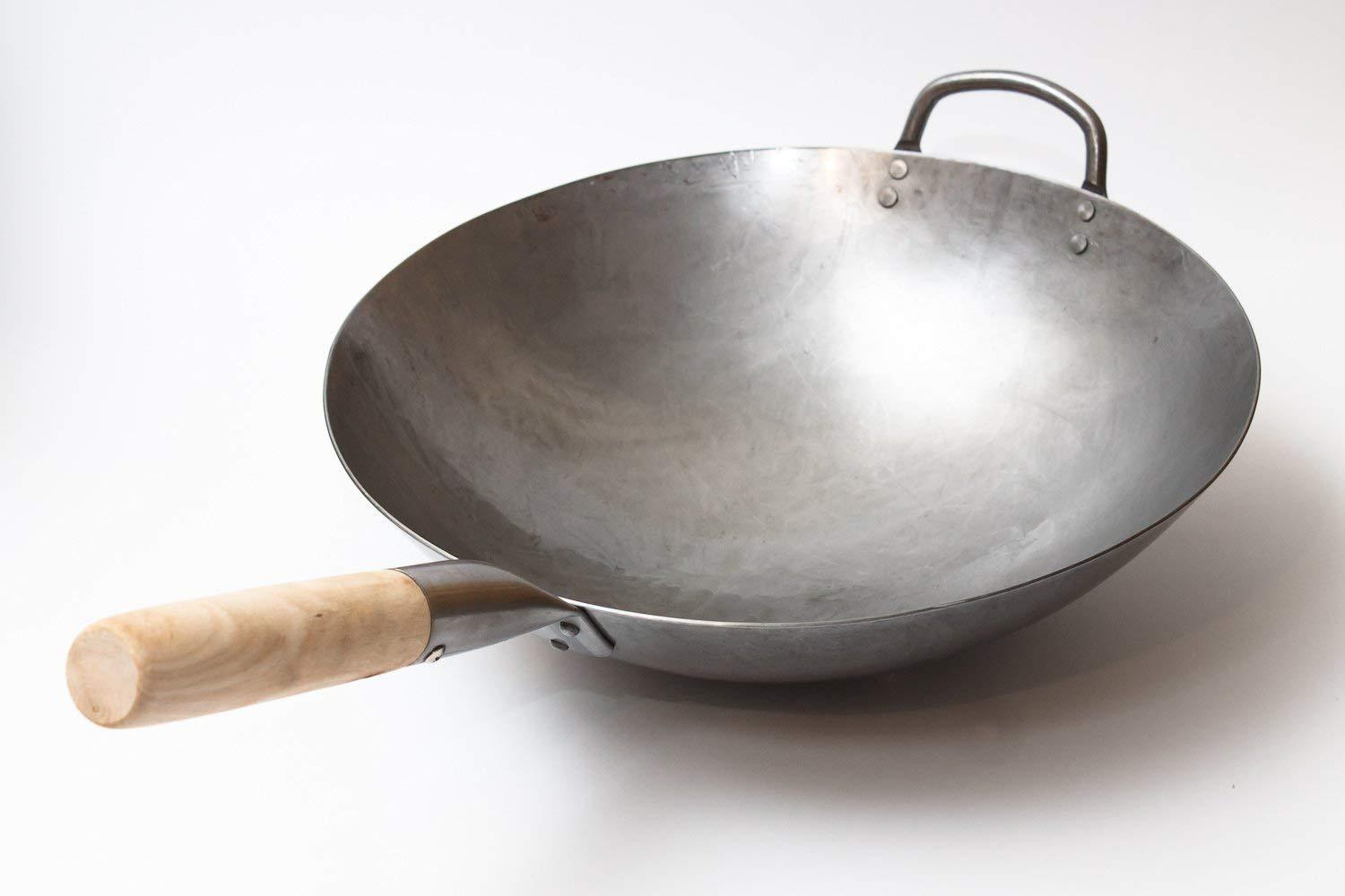 Craft Wok Traditional Hand Hammered Carbon Steel Pow Wok with Wooden and Steel Helper Handle (14 Inch, Round Bottom) / 731W88 - CookCave
