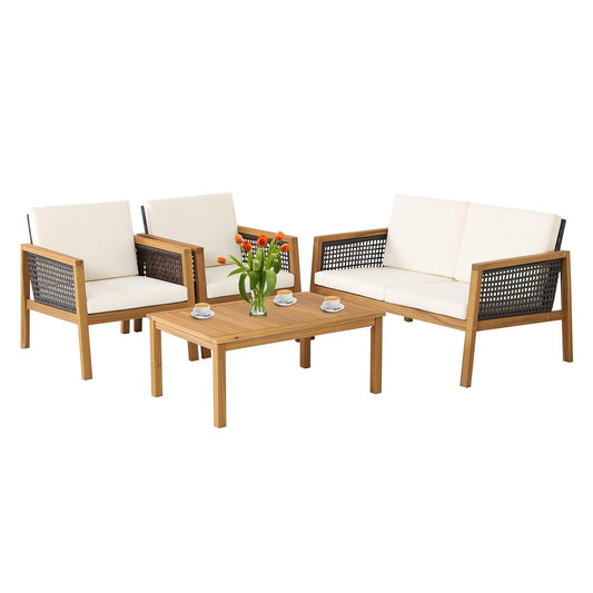 PATIOJOY 4 Pieces Outdoor Acacia Wood Furniture Set, PE Wicker Conversation Set with Coffee Table and Soft Cushions, Sofa for Garden, Poolside and Backyard (1, Off White) - CookCave