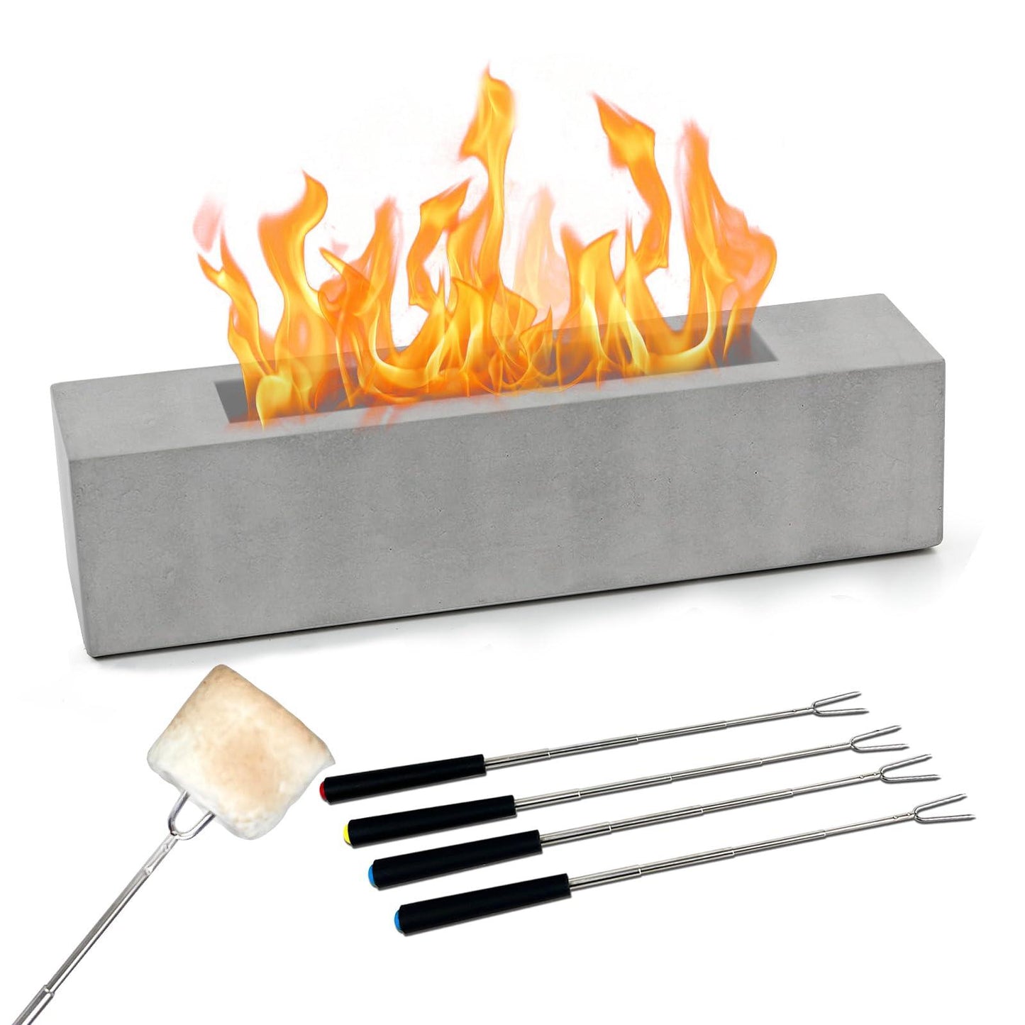 BRIAN & DANY Tabletop Fire Pit with Smores Maker Kit, Concrete Table Top Firepit for Indoor & Outdoor, Large Rectangle Ethanol Tabletop Fireplace, 14.9" x 3.3" x 3.3" - CookCave