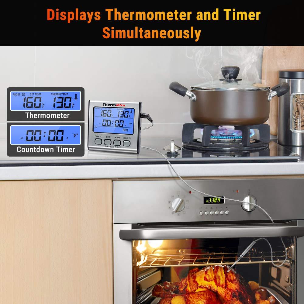 ThermoPro TP-17 Dual Probe Digital Cooking Meat Thermometer Large LCD Backlight Food Grill Thermometer with Timer Mode for Smoker Kitchen Oven BBQ, Silver - CookCave