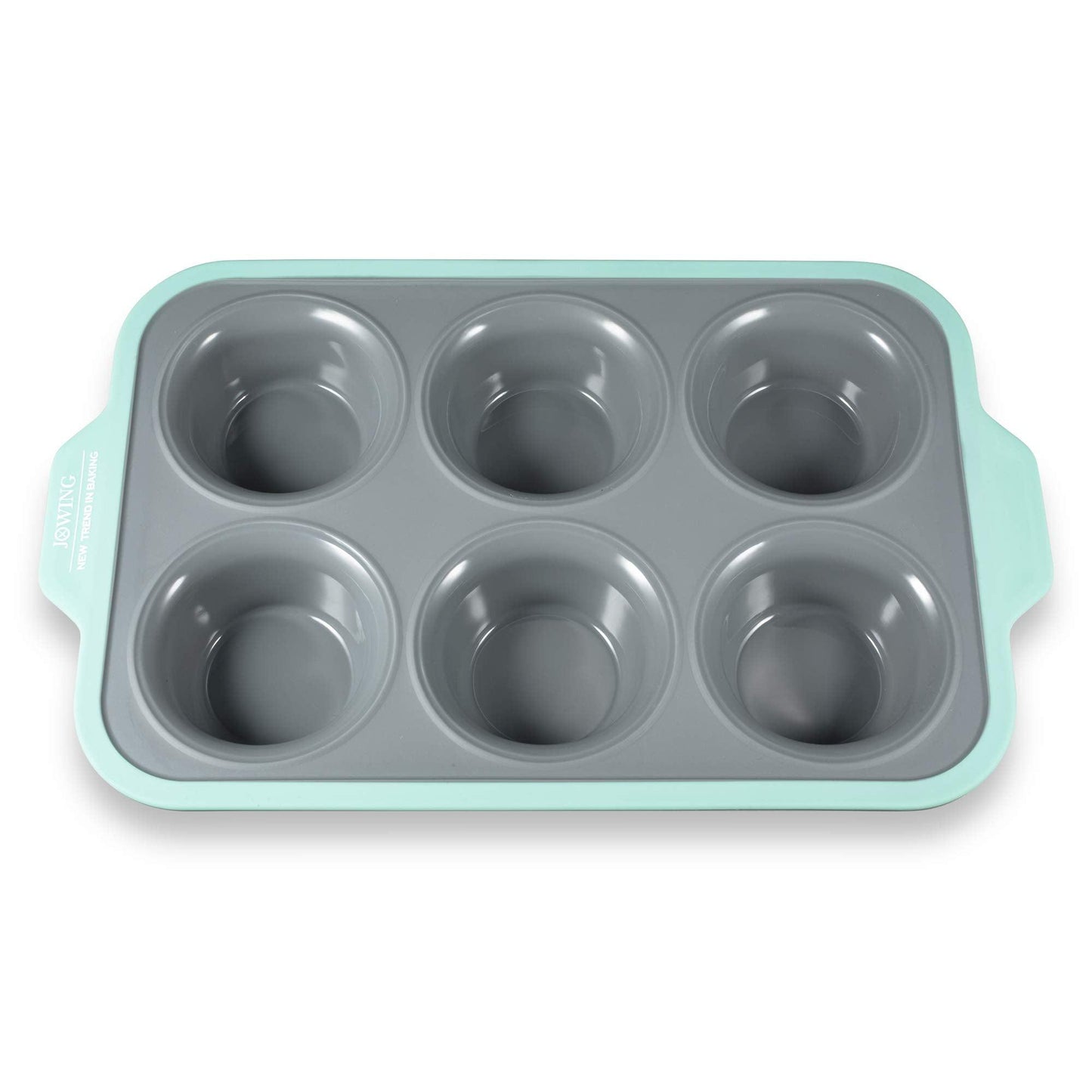 JXWING 6 Cups Non-stick Silicone Cupcake Baking Pan with Ergonomics Grips, Premium Stainless Steel Core Muffin Pan, Aqua Sky - CookCave