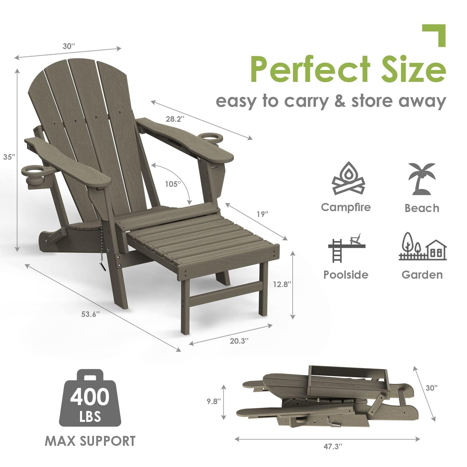 GREENVINES Folding Adirondack Chair with Adjustable Back & Ottoman Set of 2, Wood Grain HDPE All-Weather Poolside Chairs w/Cup Holders & Footrest for Fire Pit Campfire Deck Outdoor, Desert Brown - CookCave