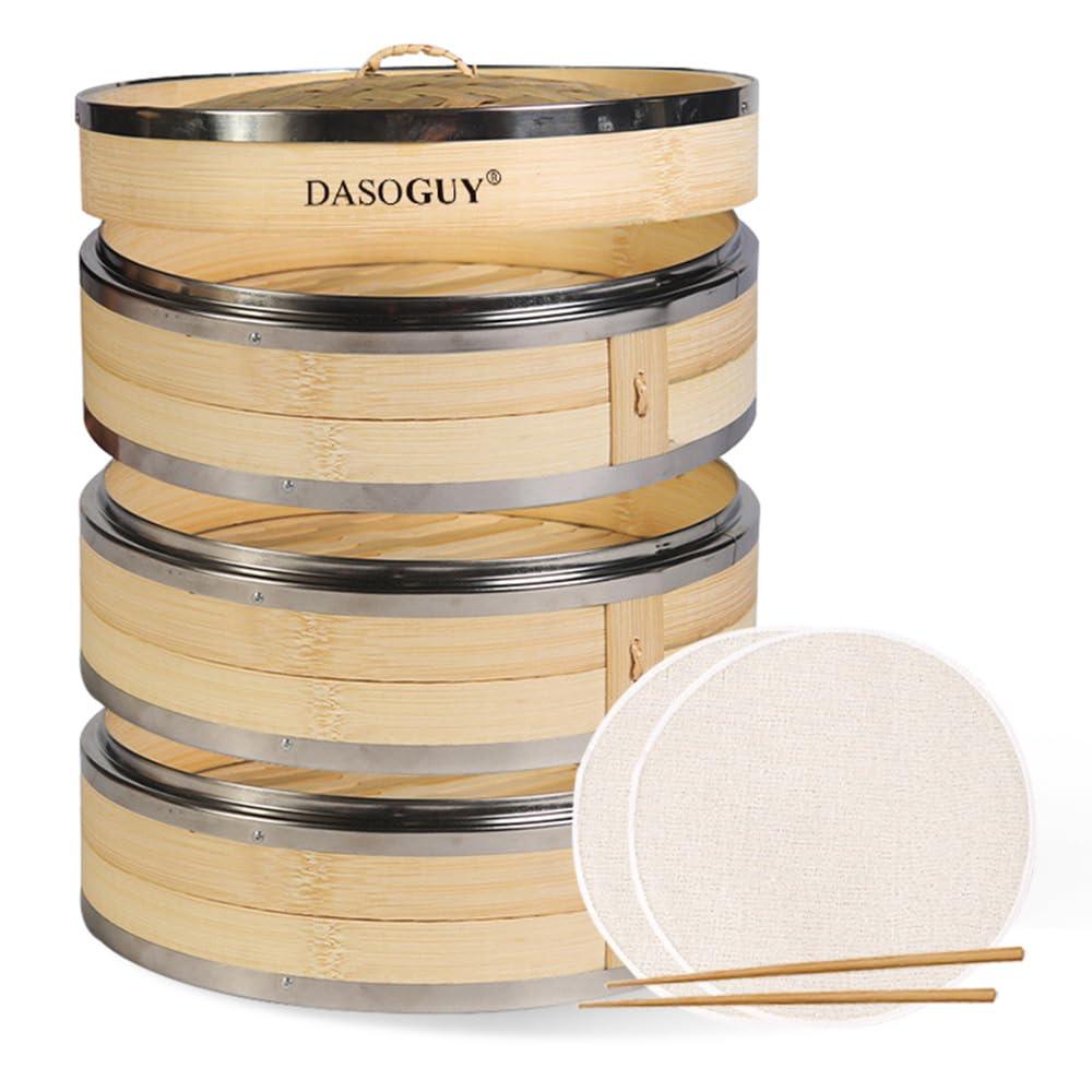 Dasoguy 10.6 Inch Handmade Bamboo Steamer with Whole Metal Rings, 3 Tiers Steam Basket for Dumpling Dim Sum Bun Rice Chinese Food, Includes 1 Set of Chopsticks & 3 Cotton Liners - CookCave