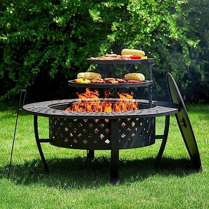 PAPABABE 42 Inch Outdoor Fire Pit with 2 Grill, Wood Burning Firepit for Outside with Lid/Fire Poker, Extra Large Heavy Duty Metal Round Table for Patio Backyard Garden Camping Bonfire - CookCave