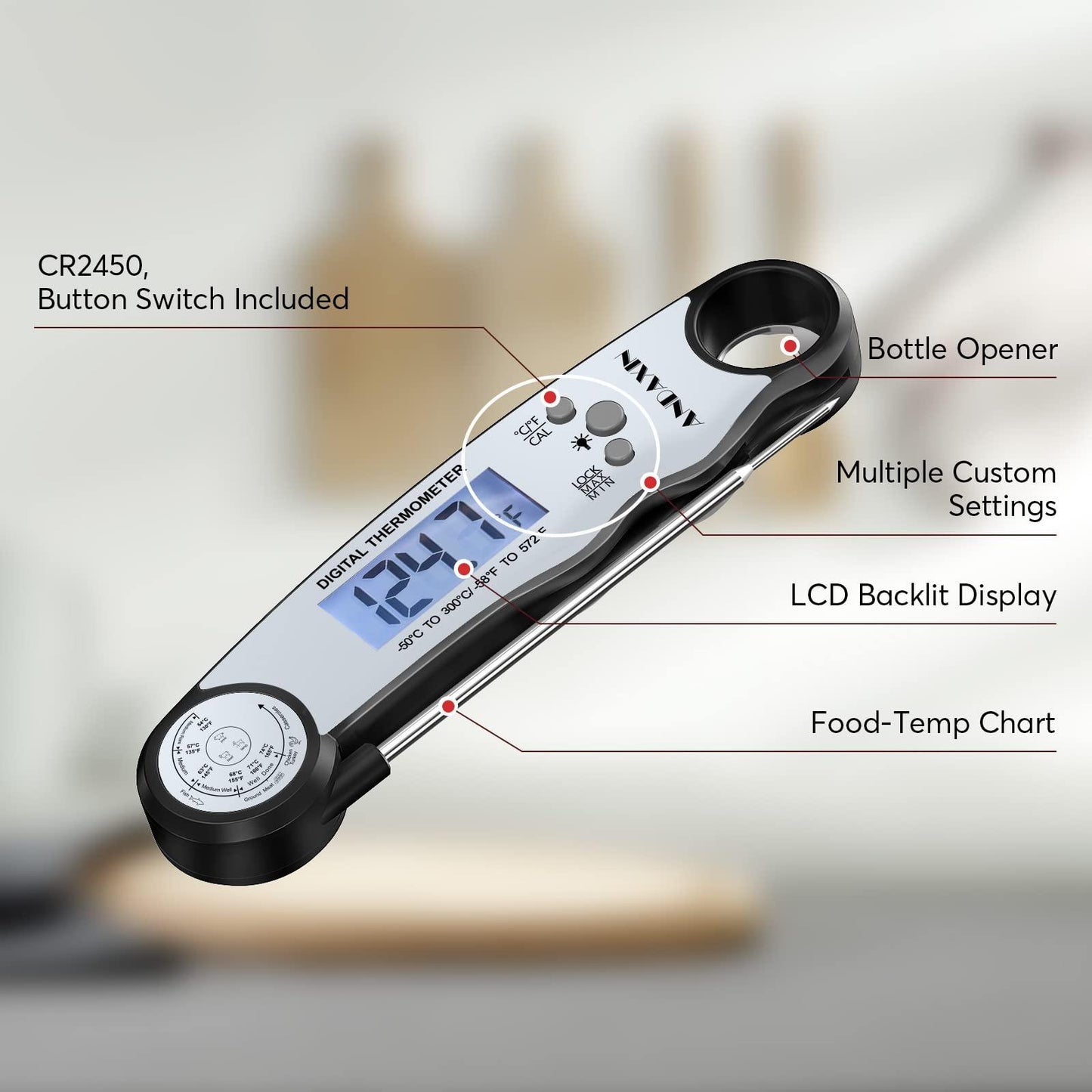 Digital Instant Read Meat Thermometer Digital for Grilling and Cooking - ANDAXIN Waterproof Ultra-Fast Thermometer with Backlight&Calibration&Foldable Probe for Kitchen,Deep Fry,BBQ,Grill-Black/White - CookCave