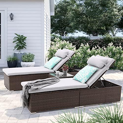 iArtHand 3 Pcs Patio Chaise Lounge with Coffee Table Cushion&Pillow Outdoor Lounge Chair Chaise Lounger Patio Reclining Chair, 5 Angle Adjustment, PE Rattan for Courtyards Poolside Garden (Coffee) - CookCave