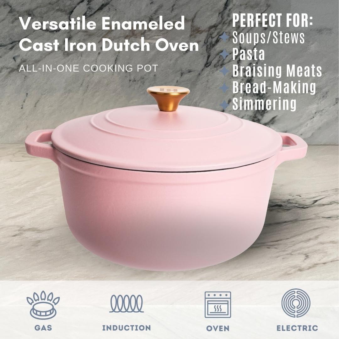 Lexi Home Cast Iron Enameled Dutch Oven Pot with Lid 6 qt, Sauce Pan, Pasta Server, Stove Top Pot, Dish for Sourdough Bread, Slow Cooking Chicken, Soup & More, Kitchen Cookware - Matte Pink - CookCave