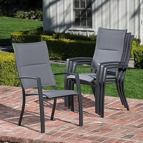 Hanover Naples 5-Piece Outdoor Dining Set with 38'' Rust-Free Aluminum Square Dining Table with 4 Grey Stackable Sling Chairs, Modern Space Saving All-Weather Outdoor Patio Furniture for Backyard - CookCave