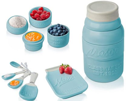 Vintage Mason Jar Kitchenware Set by Comfify - Multi-Piece Kitchen Ceramic Décor Set w/ 4 Measuring Cups, 4 Measuring Spoons and Spoon Rest - Attractive Vintage Style, in Aqua Blue Embossed Ceramic - CookCave