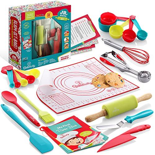 Baketivity 31 Pcs Kids Cooking & Baking Set with Kids Knife & Real Cooking Utensils - Kid Safe Knife & Cooking Tools - Kids Baking Set Gift for Girls & Boys Including Nylon Knife for Kids - CookCave