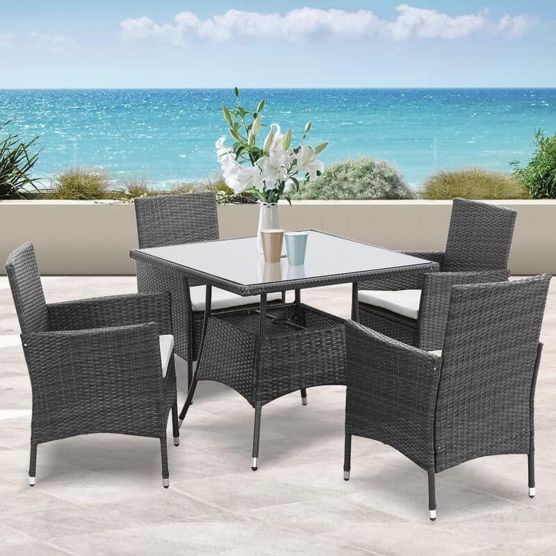 Solaste 5 Piece Patio Dining Sets, Patio Table and Chairs for 4 with Cushions, Wicker Outdoor Dining Set w/Square Tempered Glass Tabletop with Umbrella Hole, for Backyard, Balcony, Porch, Grey - CookCave