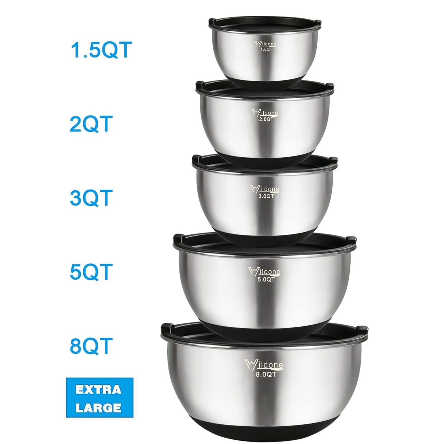 Wildone Mixing Bowls with Airtight Lids, Stainless Steel Nesting Mixing Bowls Set of 5, with Non-slip Silicone Bottoms, Size 8, 5, 3, 2, 1.5 QT, Stackable Design, Great for Mixing and Prepping - CookCave