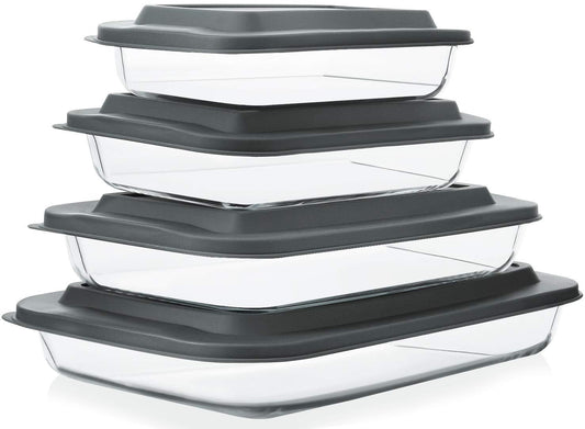 8-Piece Deep Glass Baking Dish Set with Plastic lids,Rectangular Glass Bakeware Set with Lids, Baking Pans for Lasagna, Leftovers, Cooking, Kitchen, Freezer-to-Oven and Dishwasher, Gray - CookCave