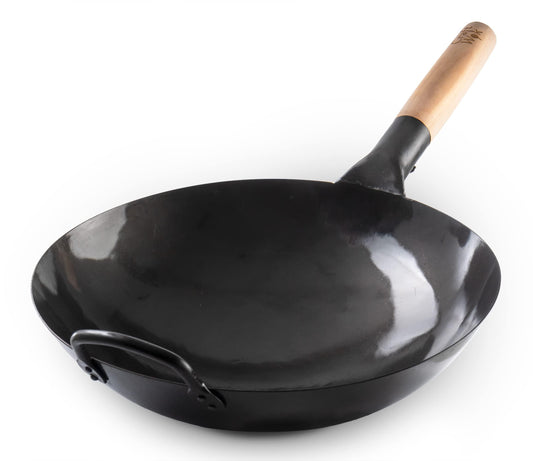 Craft Wok Black13 Pre-Seasoned Hand Hammered Carbon Steel Pow Wok with Wooden and Steel Helper Handle (13 Inch, Round Bottom) - CookCave