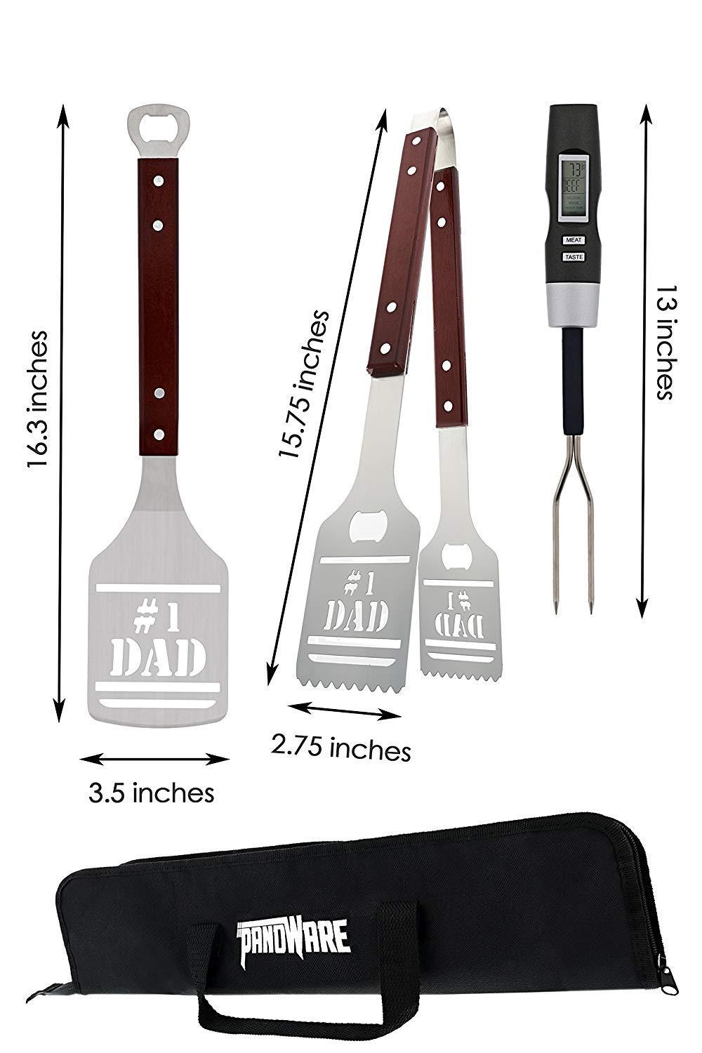 Panoware BBQ Grill Tools Set Gift for Dad, 4 Piece Set, Number 1 Dad Tongs, Spatula, Digital Thermometer and Case - CookCave