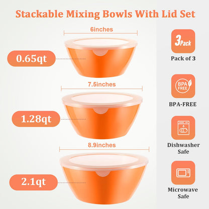 CherHome Mixing Bowls with Lids Set of 3，Lightweight Mixing Bowl with lid，Nesting Plastic Salad Bowls with Lids for Kitchen Preparing，Baking，Serving，Microwave Safe，Dishwasher Safe，Orange - CookCave