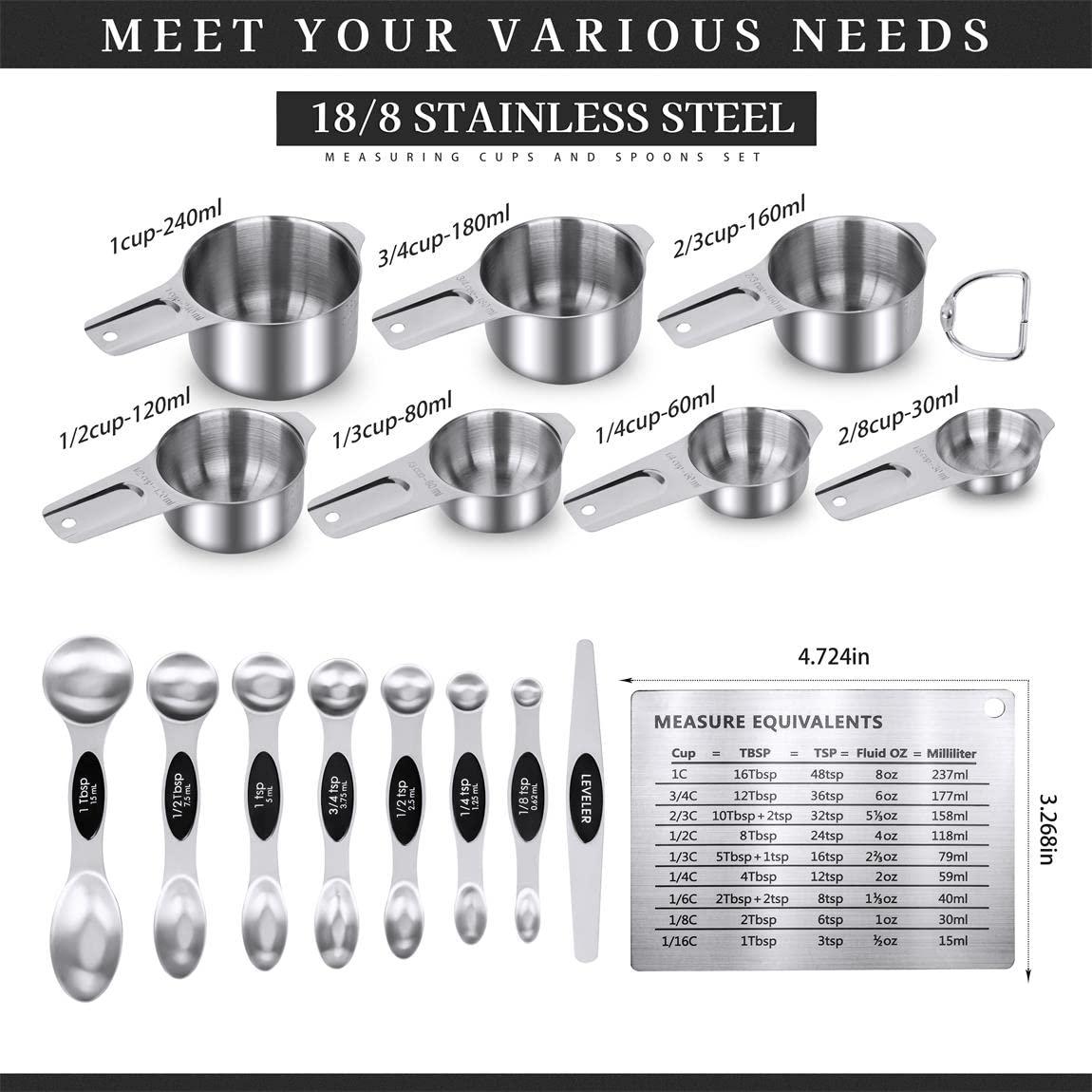 Measuring Cups Set and Magnetic Measuring Spoons Set,QtoiKce 18/8 Stainless Steel 7 Measure Cups and 7 Magnetic Measure Spoons,1 Leveler & 1 Conversion Chart for Dry and Liquid Ingredient - CookCave