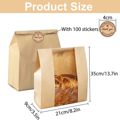 Paper Bread Bags for Homemade Bread Sourdough Bread Bags Large Paper Bakery Bag with Window for Baked Food Packaging Storage,Label Seal Sticker Included Pack of 25(13.7x8.2x3.5 inch) - CookCave