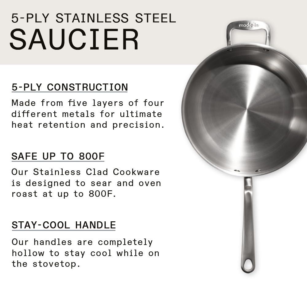 Made In Cookware - 5 Quart Stainless Steel Saucier Pan - 5 Ply Stainless Clad - Professional Cookware - Made in Italy - Induction Compatible - CookCave
