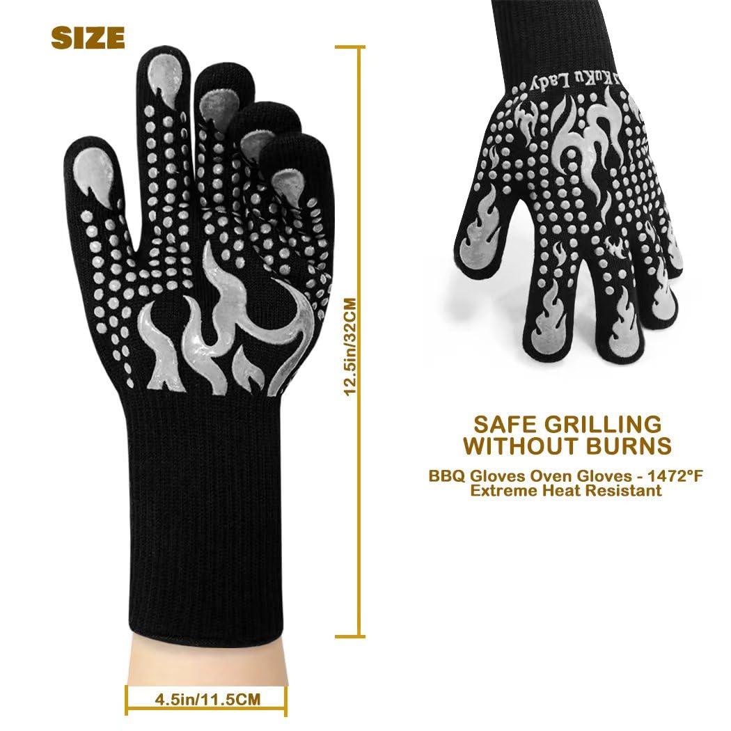 BBQ Heat Resistant Gloves, 1472 Degree F Cut-Resistant Grill Gloves for Heat Resistant Cooking, Outdoor Grill, Barbecue, Oven, Cooking, Kitchen and Baking - LJ KuKu Lady - CookCave