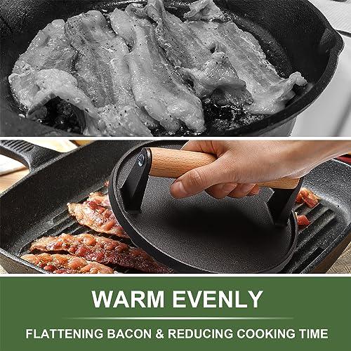 EWFEN Burger Press, 7" Round & 8.2"X4.3" Rectangle Heavy-Duty Cast Iron Smash Bacon Press Meat Steak with Wood Handle for Griddle, Sandwich, Nonstick Pan - CookCave