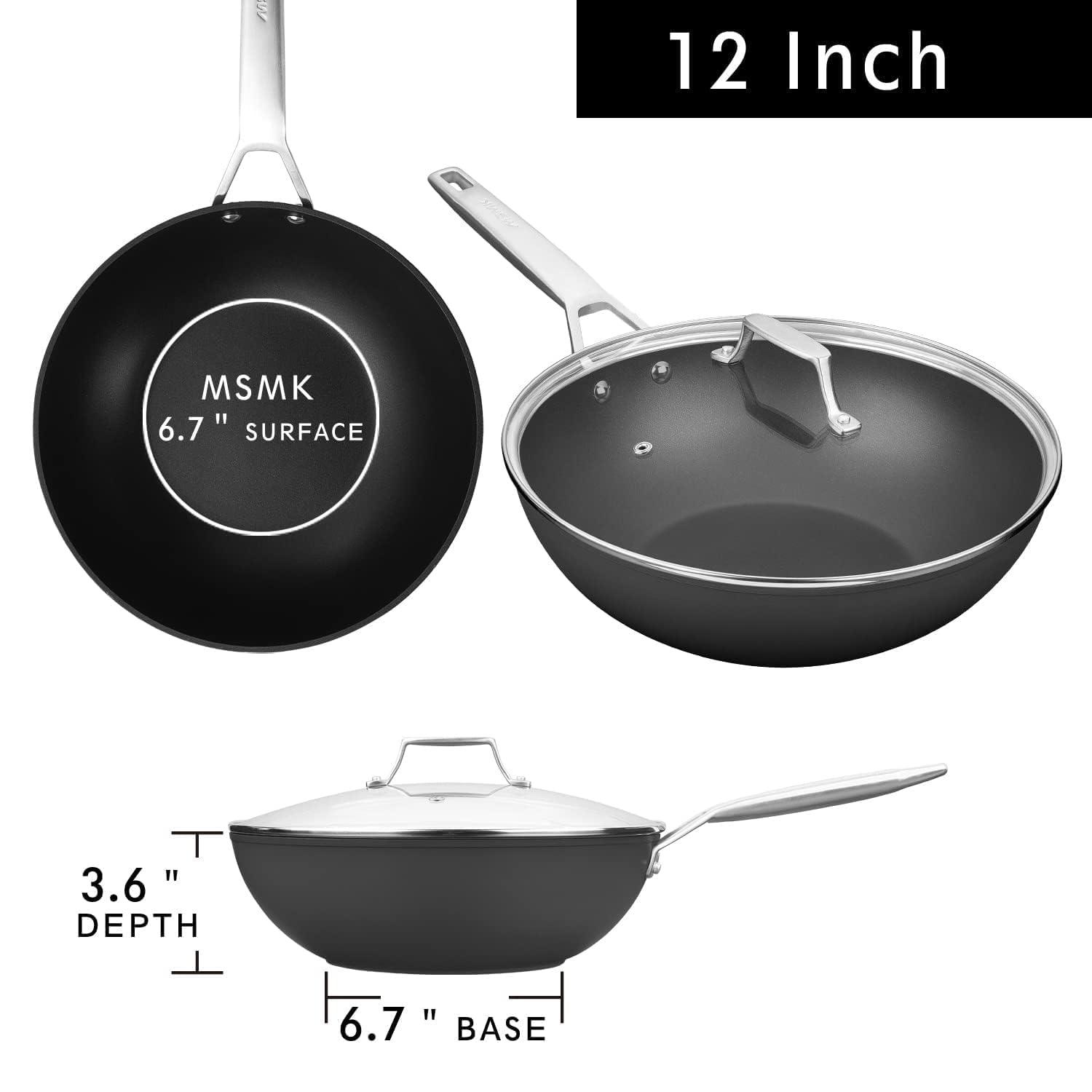 MsMk Titanium and Ceramic Nonstick Wok pan with lid，12 Inch Woks & Stir Fry Pans with Stay-Cool Handle，Flat Bottom Wok Suits for Induction, Electric, Gas, Halogen, All Stoves - CookCave