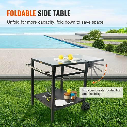 VEVOR Outdoor Grill Dining Cart with Double-Shelf, BBQ Movable Food Prep Table, Multifunctional Foldable Iron Table Top, Portable Modular Carts for Pizza Oven, Worktable with 2 Wheels, Carry Handle - CookCave