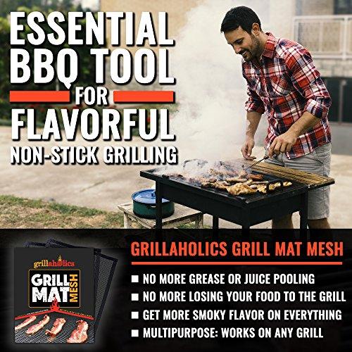 Grillaholics BBQ Mesh Grill Mat - Set of 2 Grill Mats Non Stick - Nonstick Grilling with More Delicious Smoky Flavor - Lifetime Manufacturer Warranty - CookCave