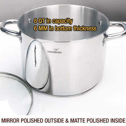 HOMICHEF Stock Pot 8 Quart with Lid Nickel Free Stainless Steel - Mirror Polished Stockpot 8 Quart with Lid - HEALTHY COOKWARE Stockpots 8 Quart - Soup Pot 8 Qt Cooking Pot Induction Pot With Lid - CookCave