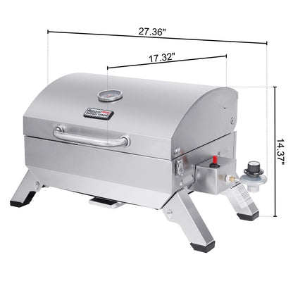 Royal Gourmet GT1001 Stainless Steel Portable Grill, 10000 BTU BBQ Tabletop Gas Grill with Folding Legs and Lockable Lid, Outdoor Camping, Deck and Tailgating, Silver - CookCave