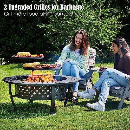 PAPABABE 42 Inch Outdoor Fire Pit with 2 Grill, Wood Burning Firepit for Outside with Lid/Fire Poker, Extra Large Heavy Duty Metal Round Table for Patio Backyard Garden Camping Bonfire - CookCave