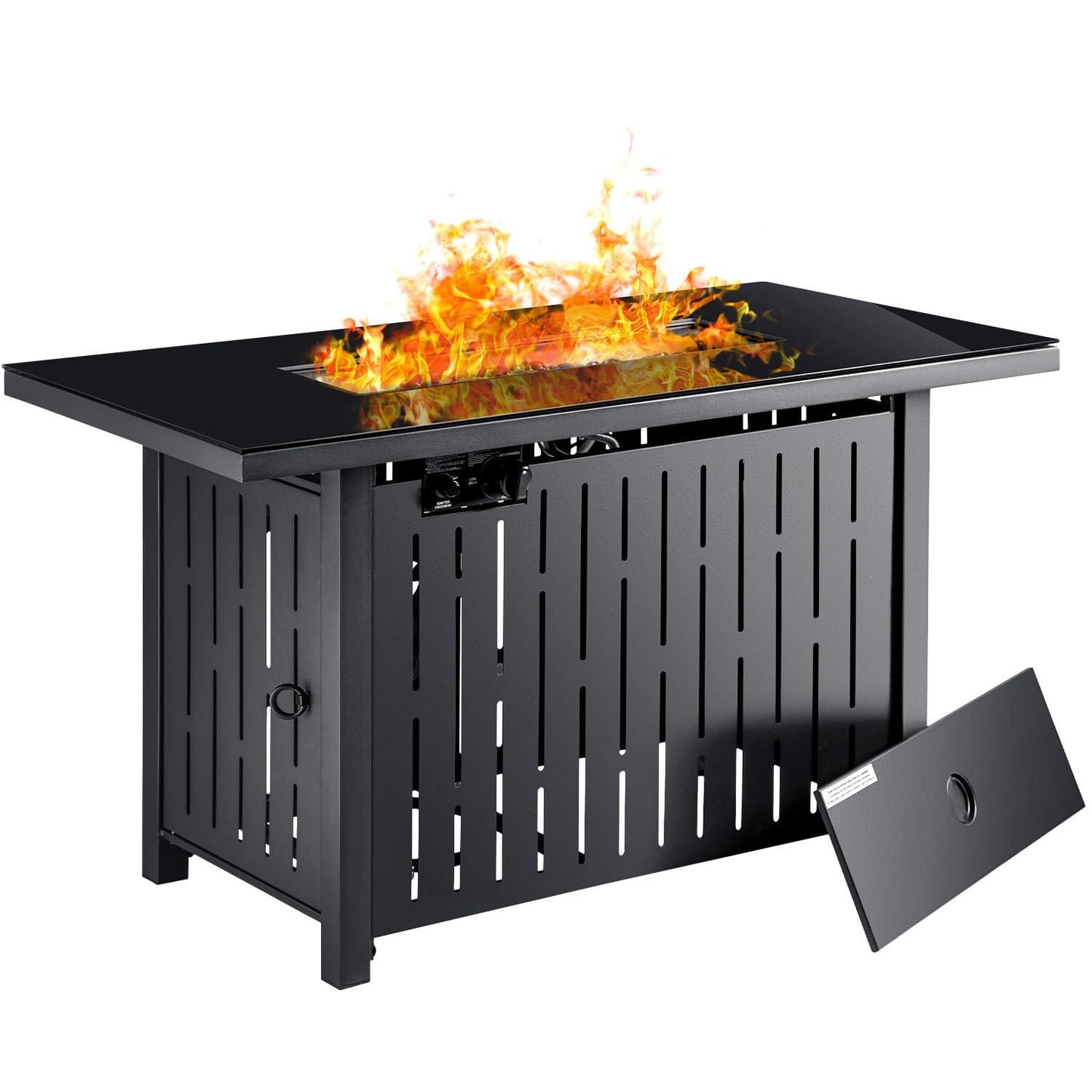 Flamaker Gas Fire Pit Table 43 inch 50000 BTU Outdoors Gas Propane Firepits with Tempered Glass Desktop, Lid & Lava Rock and Waterproof Cover for Deck, Backyard, Patio - CookCave