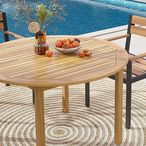 Tangkula Round Outdoor Dining Table, Acacia Wood Dining Table, 4-Person Large Dining Table, Farmhouse Patio Bistro Table, Indoor Outdoor Dining Furniture for Yard Deck Lawn Dining Room - CookCave