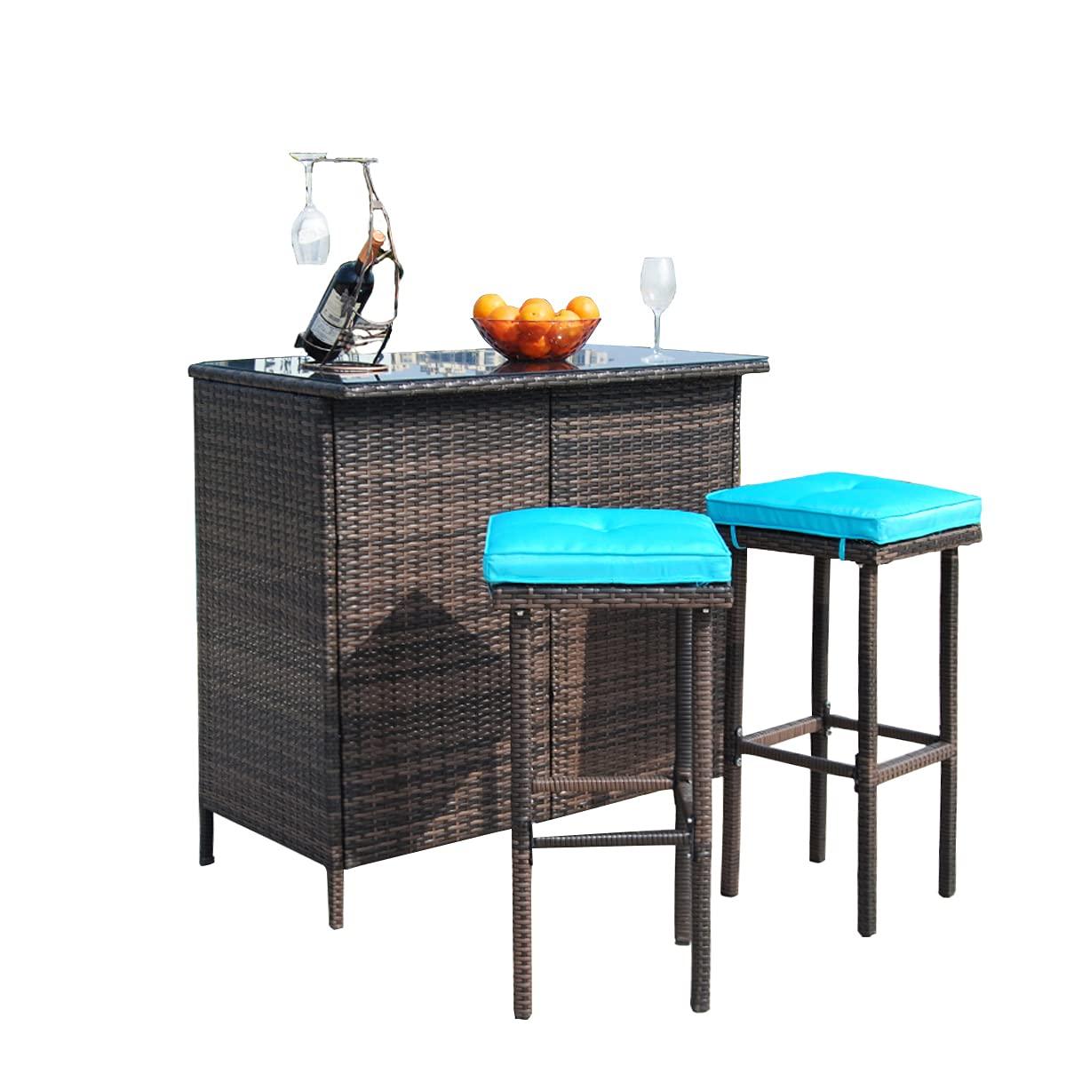 Polar Aurora 3PCS Patio Bar Set with Stools and Glass Top Table Patio Wicker Outdoor Furniture with Blue Removable Cushions for Backyards, Porches, Gardens or Poolside - CookCave