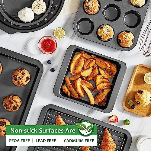 HONGBAKE Bakeware Sets, Baking Pans Set, Nonstick Oven Pan for Kitchen with Wider Grips, 10 Pieces Including Rack, Cookie Sheet, Cake Pans, Loaf Pan, Muffin Pan, Pizza Pan - Grey - CookCave