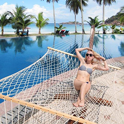 Lazy Daze Hammocks 13FT Double Rope Hammocks, Hand Woven Cotton Hammock with Spreader Bar for Outdoor, Indoor, Patio Yard, Poolside for Two Person, Max 450 Lbs, Natural, 130 x 60 inches - CookCave