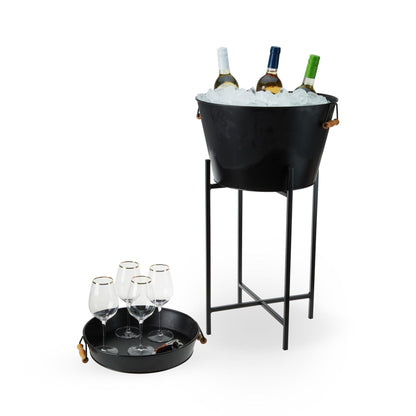 Twine Black Beverage Tub with Stand, Galvanized Metal Bucket and Tray, Acacia Wood Handles, Set of 3 - CookCave
