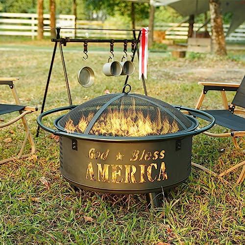 Backyard Expressions GOD Bless America Metal Firepit - 30 Inch - Heavy Duty Steel Fire Pit for Patio/Backyard w/Spark Screen Log Grate and Poker - CookCave