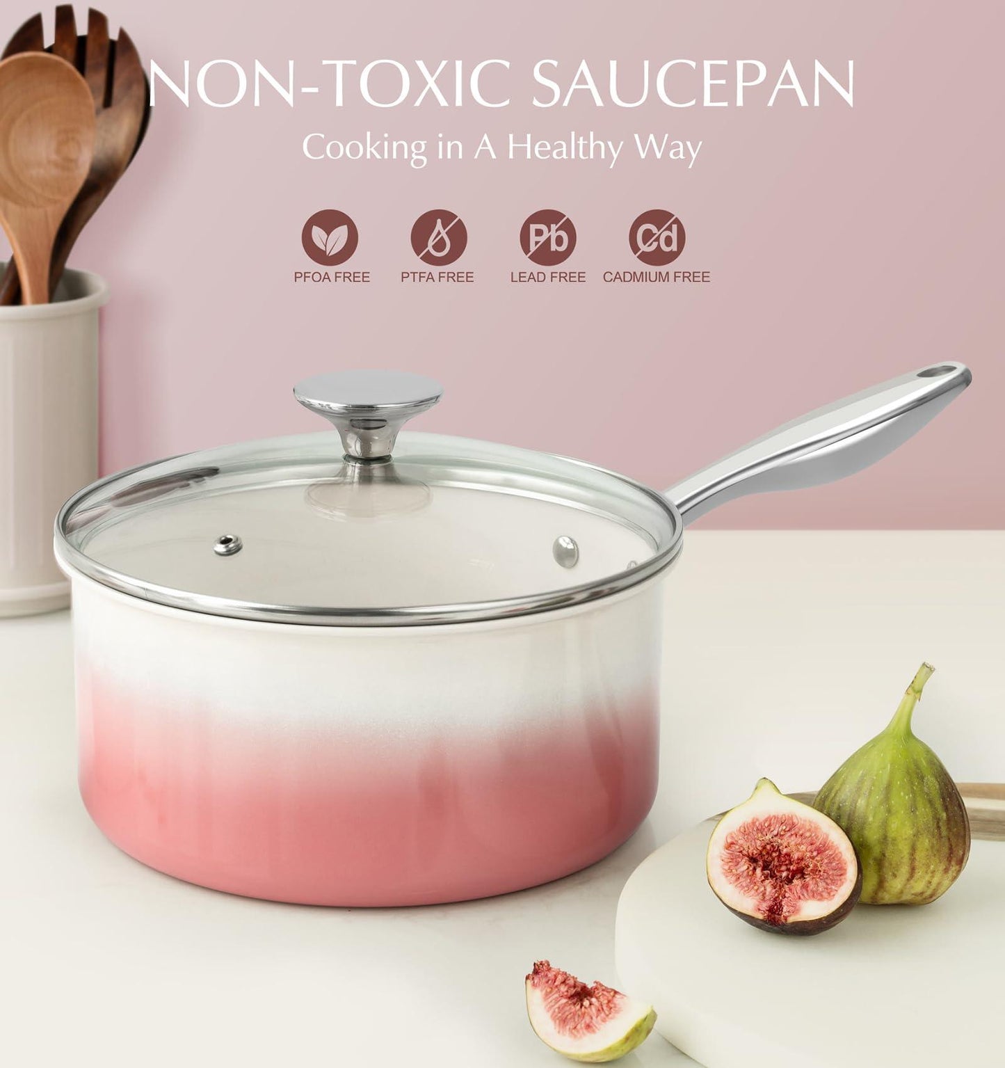 MICHELANGELO Sauce Pan with Lid, Ceramic Saucepan Set, 1Qt & 2Qt & 3Qt Sauce Pan Sets, Nonstick Saucepans with Stainless Steel Handle, Oven Safe, Pink - CookCave