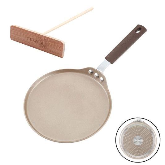 CHEFMADE Crepe Pan with Bamboo Spreader, 8-Inch Non-Stick Pancake Pan with Insulating Silicone Handle for Gas, Induction, Electric Cooker (Champagne Gold) - CookCave