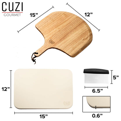 Cuzi Gourmet 3-Piece Pizza Stone Set - 15x12" Thermal Shock Resistant Cordierite Pizza Stone, 15x12" Natural Wood Pizza Peel & Pizza Cutter - Pizza Stone for Grill and Oven - CookCave