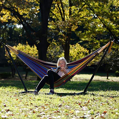 Vivere Double Cotton Hammock with Space Saving Steel Stand, Tropical (450 lb Capacity - Premium Carry Bag Included) - CookCave