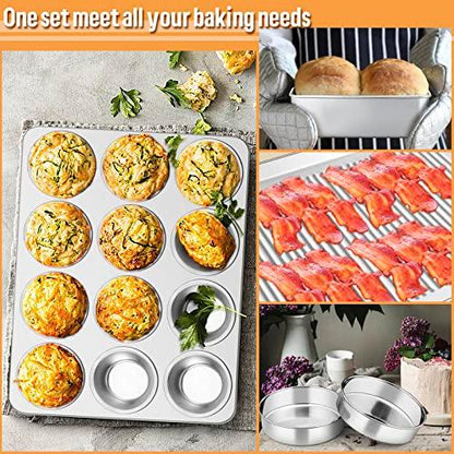 E-far 6-Piece Baking Pans set, Stainless Steel Bakeware Set for Oven, Include 8-Inch Cake Pan/Rectangle Baking Cookie Sheet/Muffin/Loaf Pan, Non-Toxic & Heavy Duty, Dishwasher Safe - CookCave