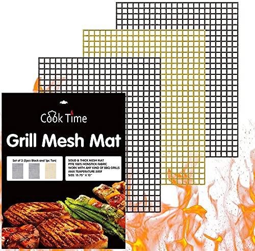 BBQ Grill Mesh Mat Set of 3 - Non Stick Barbecue Grill Sheet Liners Teflon Grilling Mats Nonstick Fish Vegetable Smoking Accessories - Works on Smoker,Pellet,Gas,Charcoal Grill,15.75x13inches - CookCave