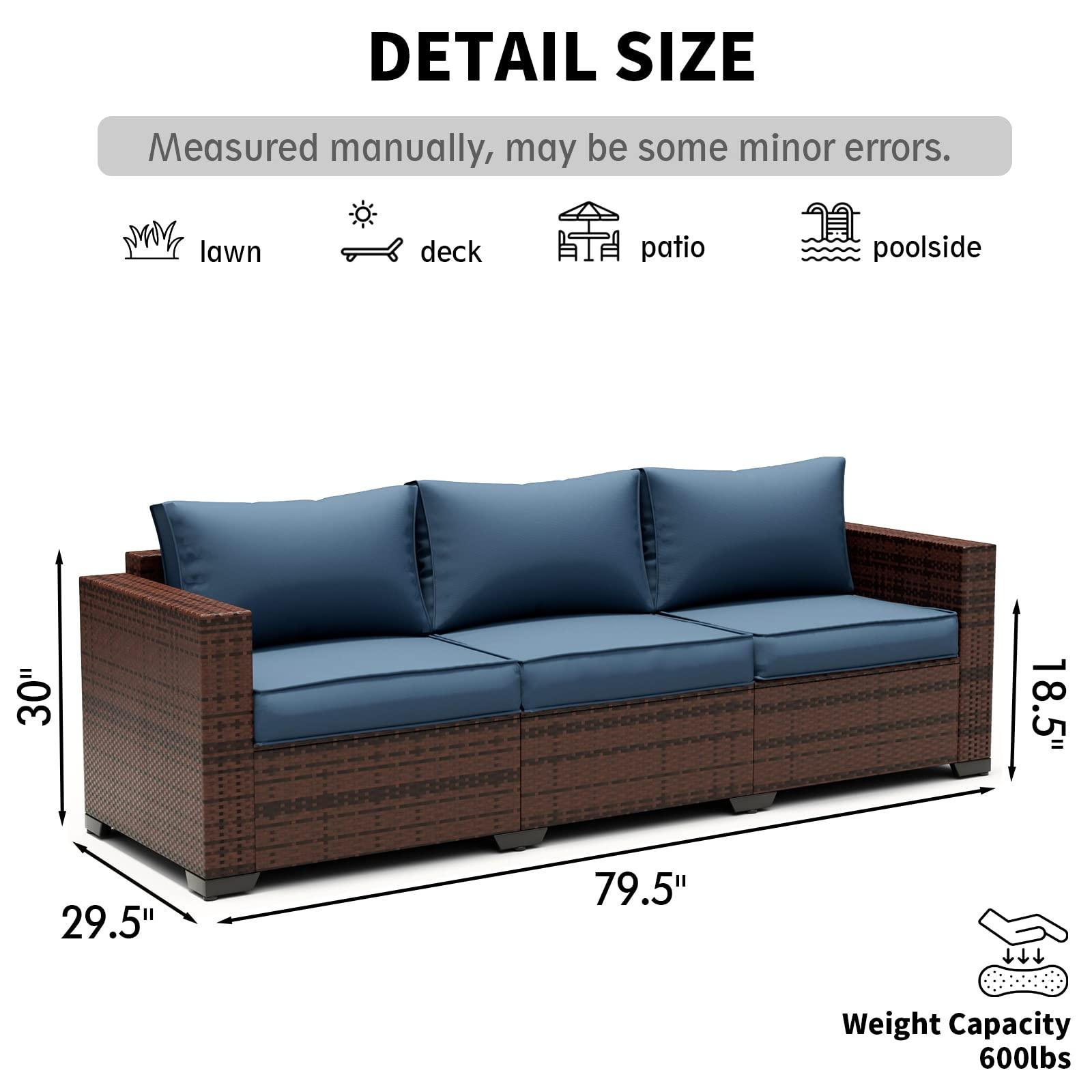 UDPATIO 3-Seat Patio Wicker Sofa, Outdoor Rattan Sectional Couch Furniture Steel Frame w/Furniture Cover Non-Slip Cushion and Deep Seating High Back, Navy - CookCave