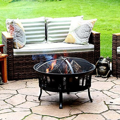 Sunnydaze 25-Inch Steel Wood-Burning Fire Pit with Mesh Stripe Cutouts - Includes Poker and Spark Screen - CookCave